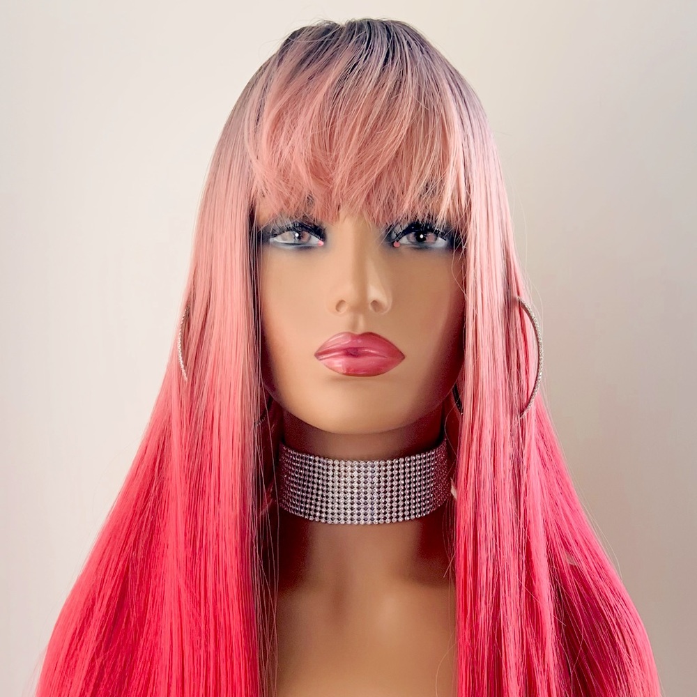 “Put On & Go” Long Ombre Pink Mix Synthetic Wig w Bangs - NO FURTHER DISCOUNT 🩷